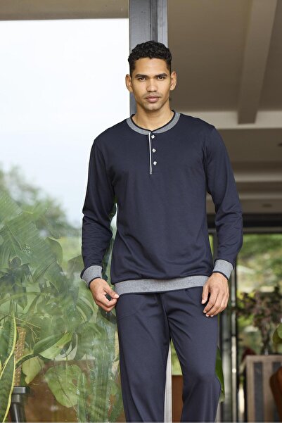 KLY 6033 Чоловічий піжамний комплект з довгими рукавами та манжетами на ґудзиках