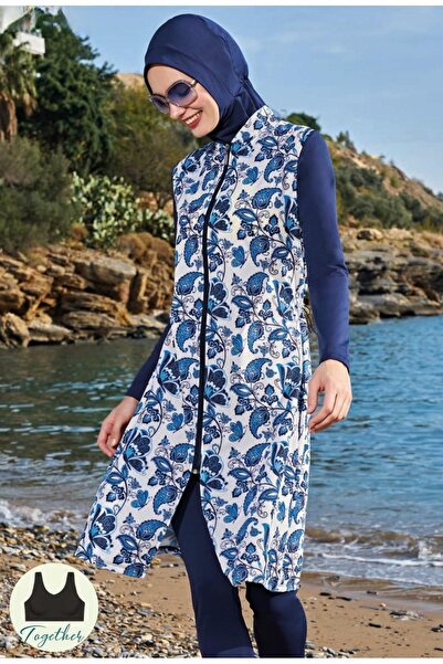 Ruko Maio 23117-1 Tile Patterned Stand Collar Long Length Full Hijab Swimsuit