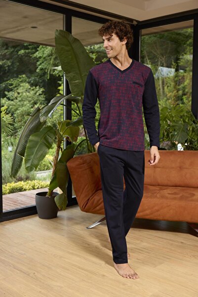 KLY 8057 Чоловічий піжамний комплект з V-подібним коміром і кишенями, довгі р...