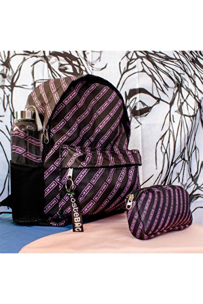 Köstebek Black Pink Logo - School Backpack with Pen Holder and Collage Water Bottle