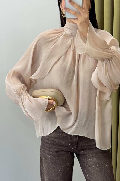 LUV STUDİOS CO Bej Simli Bağlamalı Oversize Organze Tasarım Bluz