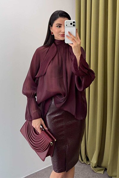 LUV STUDİOS CO Bordo Simli Bağlamalı Oversize Organze Tasarım Bluz