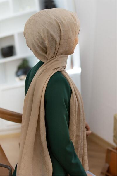 Vissona 57% Silk 43% Cotton Monogram Patterned Beige Color Shawl - 70X190 Sti...