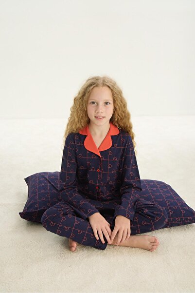 ZEYZEY 8710 Дівчачий комплект піжами з коміром і ґудзиками спереду, з довгими...