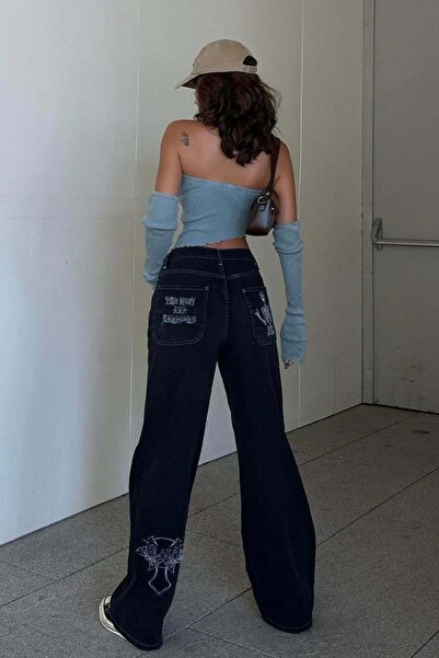 Köstebek Skeleton Patterned White Embroidered - Heaven Can Wait Streetwear Jean Trousers