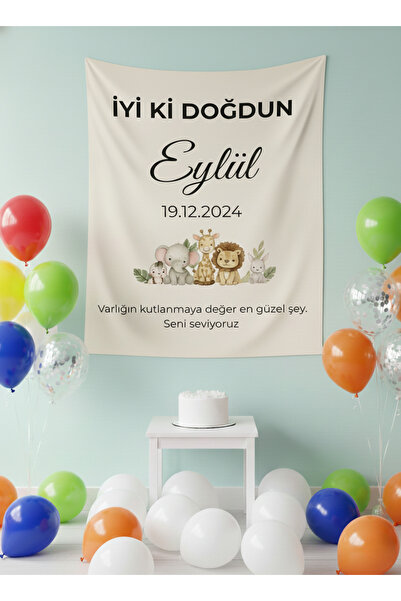 LUNA DİZAYN Kişiye Özel Dikey Doğum Günü Happy Birthday Duvar Örtüsü Duvar Ha...