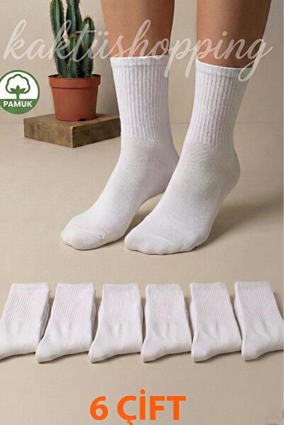 YASYAS 6 Çift Beyaz Pamuklu Tenis Kolej Çorap-Yetişkin ve Çocuk