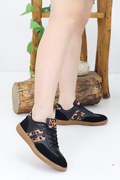 Emax حذاء رياضي نسائي كاجوال بنقشة الفهد – حذاء رياضي أسود مريح