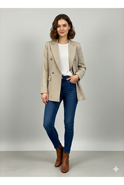 Ekol Ekolfish Back Patterned Cover Pocket Double-Breasted Jacket Beige