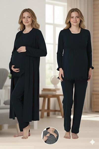 Pelin Kadın Lacivert Lohusa Hamile Emzirme Özellikli Sabahlıklı 3'lü Pijama T...