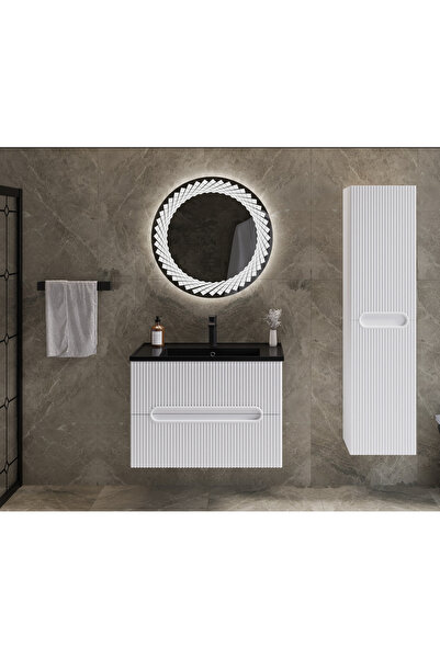 ROSEART BANYO ALMİRA BEYAZ 80CM BANYO DOLABI SET HALİNDE LED AYNA + ALT MODÜL + SERAMİK LAVABO + BOY DOLAP