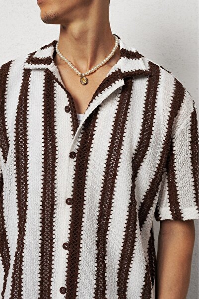 Plus Eighteen Striped Brown Knitwear Men's Shirt