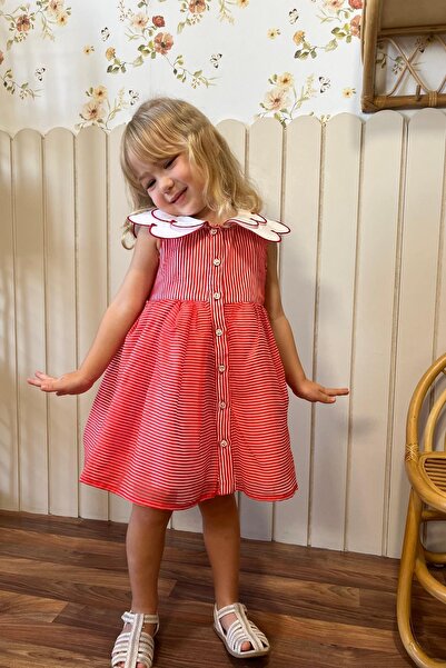 miabambim Rochie pentru fetiță cu dungi cu detaliu guler roșu