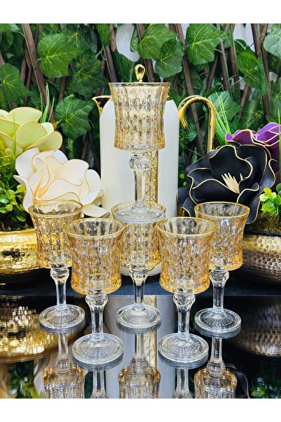 LOKMAN ZÜCCACİYE SHOWROOM 6 Pieces Crystal Glass Honey Color Footed Coffee Si...