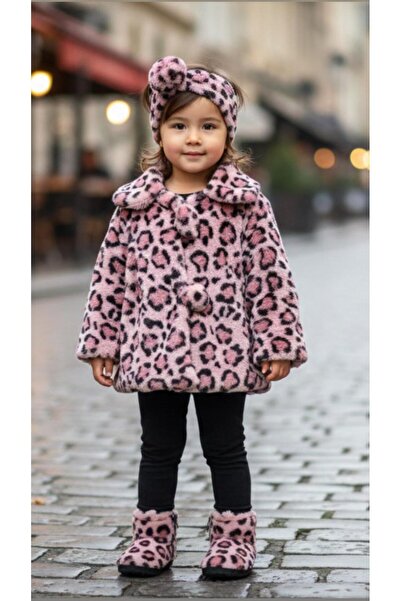 miaras baby Kız Bebek Bandanalı Leopar Desen Peluş Mont