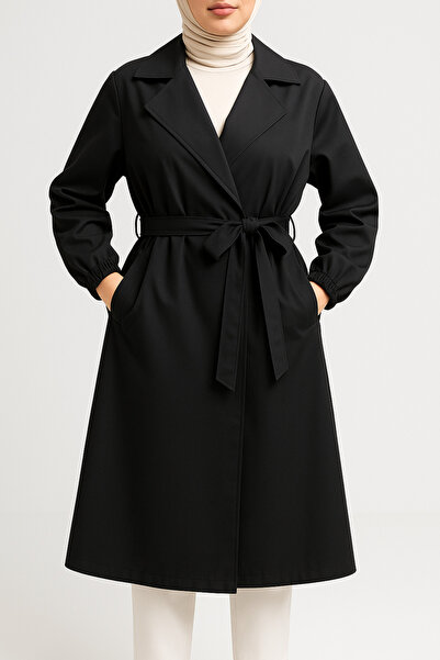 Adeyo Store Kadın Belden Bağlamalı Siyah Balon Kol Trenç