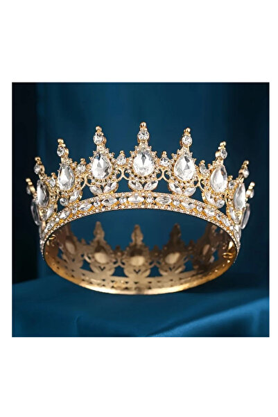Bp Bizden Pastacılık Tam Tur Halka Metal Tepeli Kristal Taşlı Kral Kraliçe Taç Pasta Topuz Gelin Baş Nişan Tacı Gold