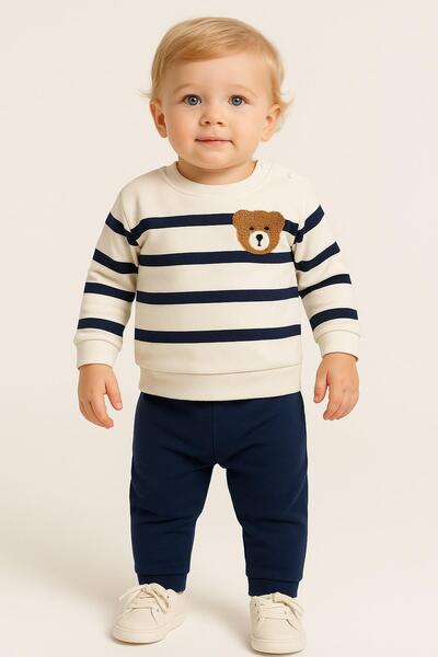 dinamik çocuk Çizgili Punch Ayıcık Omuzdan Çıtçıtlı Bebek Takımı 2li Alt Üst ...
