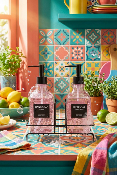 MAKRİ HOME Modern Cam Ikili Sıvı Sabunluk & Deterjanlık Seti- 500 Ml Cam Sabunluk, Metal Stand'lı