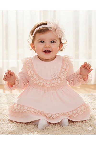 MİNİBORN YENİ DOĞAN KIZ UZUN KOLLU SOMON ÇİÇEKLİ FIRFIRLI ELİSE SET