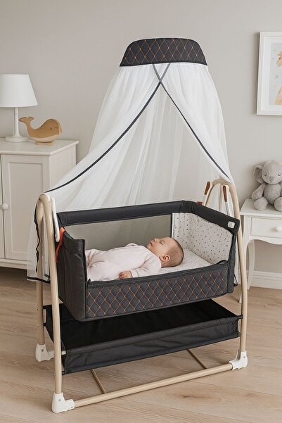 Tommybaby Royal Anne Yanı Beşik Tüllü Sepet Beşik Sallanabilir Bebek Beşiği Anne Yanı Beşik