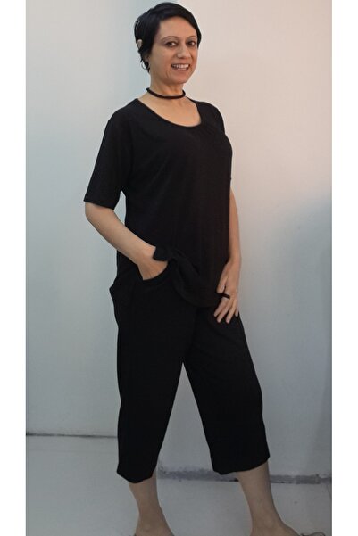 Mertcan Butik Σετ πιτζάμες με μαύρο γιακά με κορδόνι με έξι τσέπες από βαμβακ...