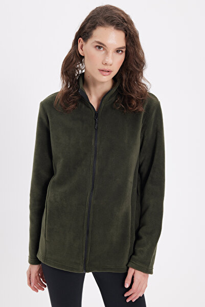 Tudors Women's Dark Khaki Anti-Pilling Non-Pilling Standard Fit Full Zipper Cold-Proof Fleece Cardigan