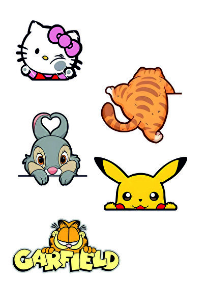 Quun Hello Kitty, Pikachu, Garfield, Yaramaz Tavşan, Tırmanan Kedi 5li karma Sticker seti
