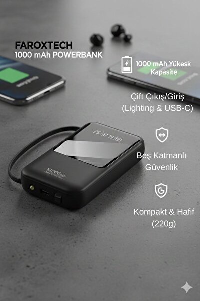 FaroxTech 10000 mAh Hızlı Şarj Powerbank (2 A) – Dahili Lightning & Type-C Ka...