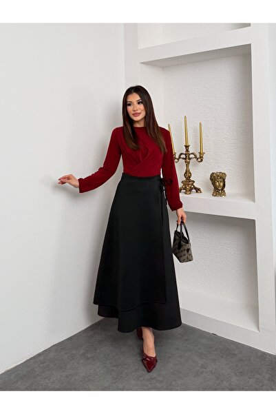 Hatun Atila Side Tie Layered Scuba Skirt 8958 - Black