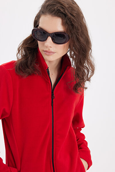 Tudors Women's Red Anti-Pilling Non-Pilling Standard Fit Full Zip Cold-Proof Fleece Cardigan