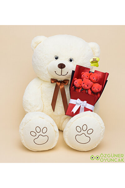 Özgüner Oyuncak Sevgiliye Romantik Hediye Seti – Büyük 120 cm Peluş Ayı ve Peluş Ayıcık Buketi