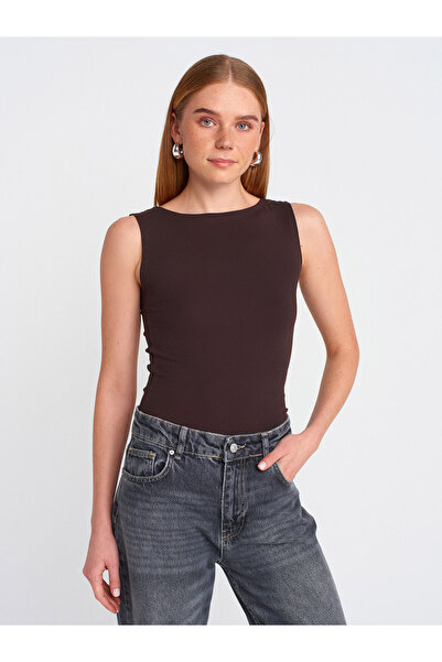 Dilvin 20868 Топ без ръкави с деколте тип лодка-тъмно кафяво