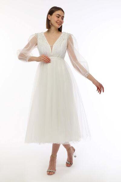 Asees Rochie de seară din tul de vis cu perle și detaliu aplicat