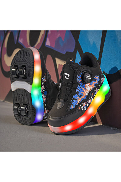 ROCKY SPORT Flames Çocuk Patenli Işıklı Tekerlekli Spor Ayakkabı & Siyah-Saks Kaykay Ayakkabı 4 Teker
