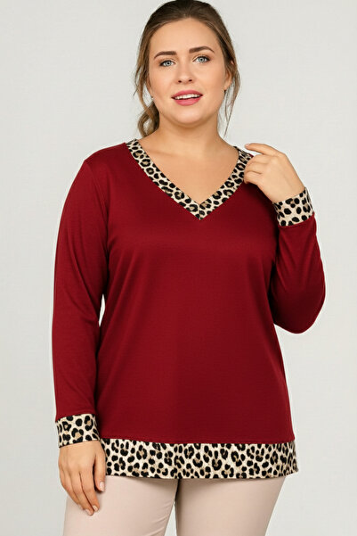 Curvy Trend Plus Size V-Neck Sleeveful Skirt Leopard Paneled Long Sleeve Blouse