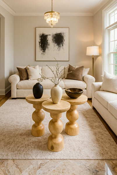 Simillo Home&Living Wood Wooden Ahşap 3’lü Set  Mantar Yan Sehpa Modern Fisko...