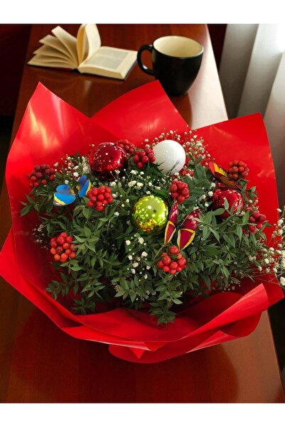 Home 12’li Kırmızı sarmalı canlı Kokina Çiçeği Buketi – Yeni Yılın Işıltısı - Not Yazılabilir