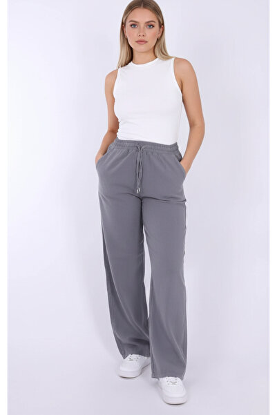 MYRAB DENİM بنطلون نسائي من الكتان الفضفاض باللون الرمادي