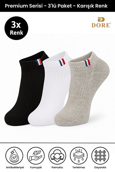 Dore Orijinal Unisex 3'lü Set Premium Sport Ter Emici Nefes Alan Pamuklu Kısa Patik Spor Çorap - 3 Çift
