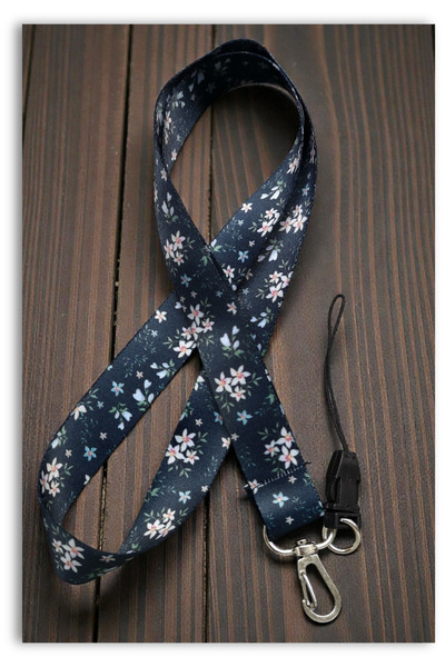 Mia Aurora Lacivert Çiçek Desenli Boyun Askı İpi Telefon Askısı Anahtarlık Ki...