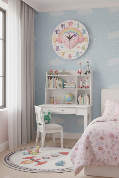 AA Shop Renkli Baskı Kalp Çocuk Desenli Sayılı Yılbaşı Hediyelik Ahşap Sessiz Tablo Duvar Saati