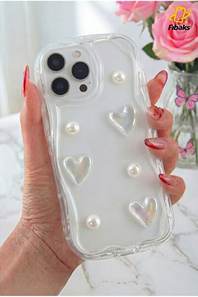 Fibaks Apple iPhone 11 Pro Max Kılıf 3D Kalpli İnci Tasarımlı Desenli Kamera Korumalı Şeffaf Silikon Kapak