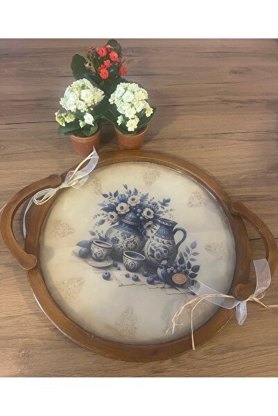 Zeugma Home Designs Ahşap El Boyaması Sunum Tepsi,Servis Tepsi,Çay Kahve Sunumluk,Büyük Boy ,Ahşap Tepsi çap 38