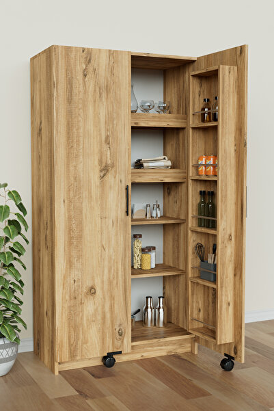 Hediyeler Kapında "Zelvin" 2 Kapaklı Raflı Kiler Dolabı Banyo Mutfak Erzak Dolabı Çok Amaçlı Dolap-Ahşap