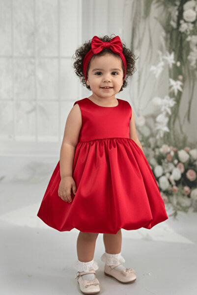 Bertuğ Bebek Balon Etek Kız Çocuk Bebek Saten Kırmızı Gelinlik Abiye Elbise