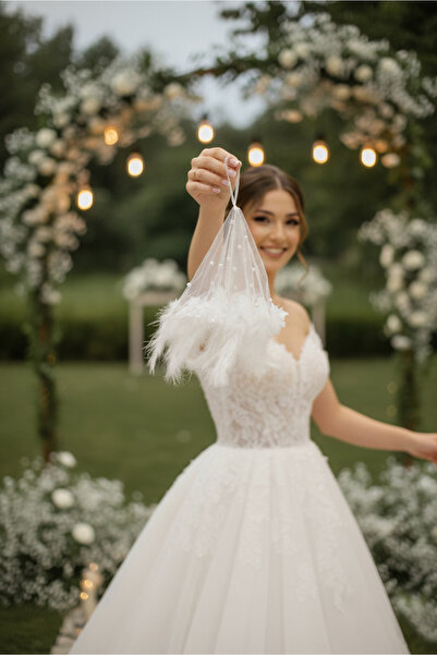Happyline İncili Tüylü Beyaz Gelin Damat Halay Mendili Nedime Söz Nişan Düğün