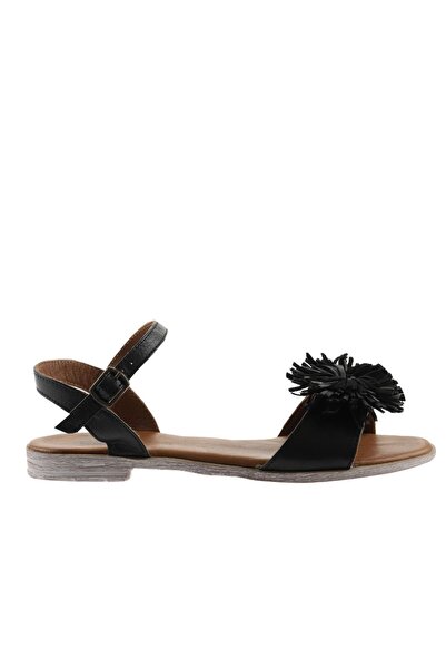 Bueno Shoes Μαύρα δερμάτινα γυναικεία φλατ σανδάλια 01wn5005