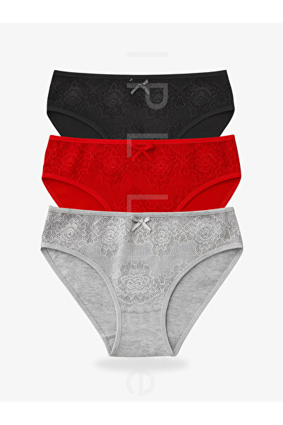 IPL Women's Panties, Women's Lace Detail Cotton 3-Piece Panties Set (Black Navy Blue Grey)