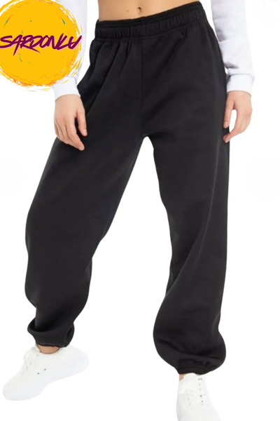 BSBSPOR Kışlık Oversize Bol Kalıp Paçası Lastikli Yüksek Bel Ultra Salaş Siya...